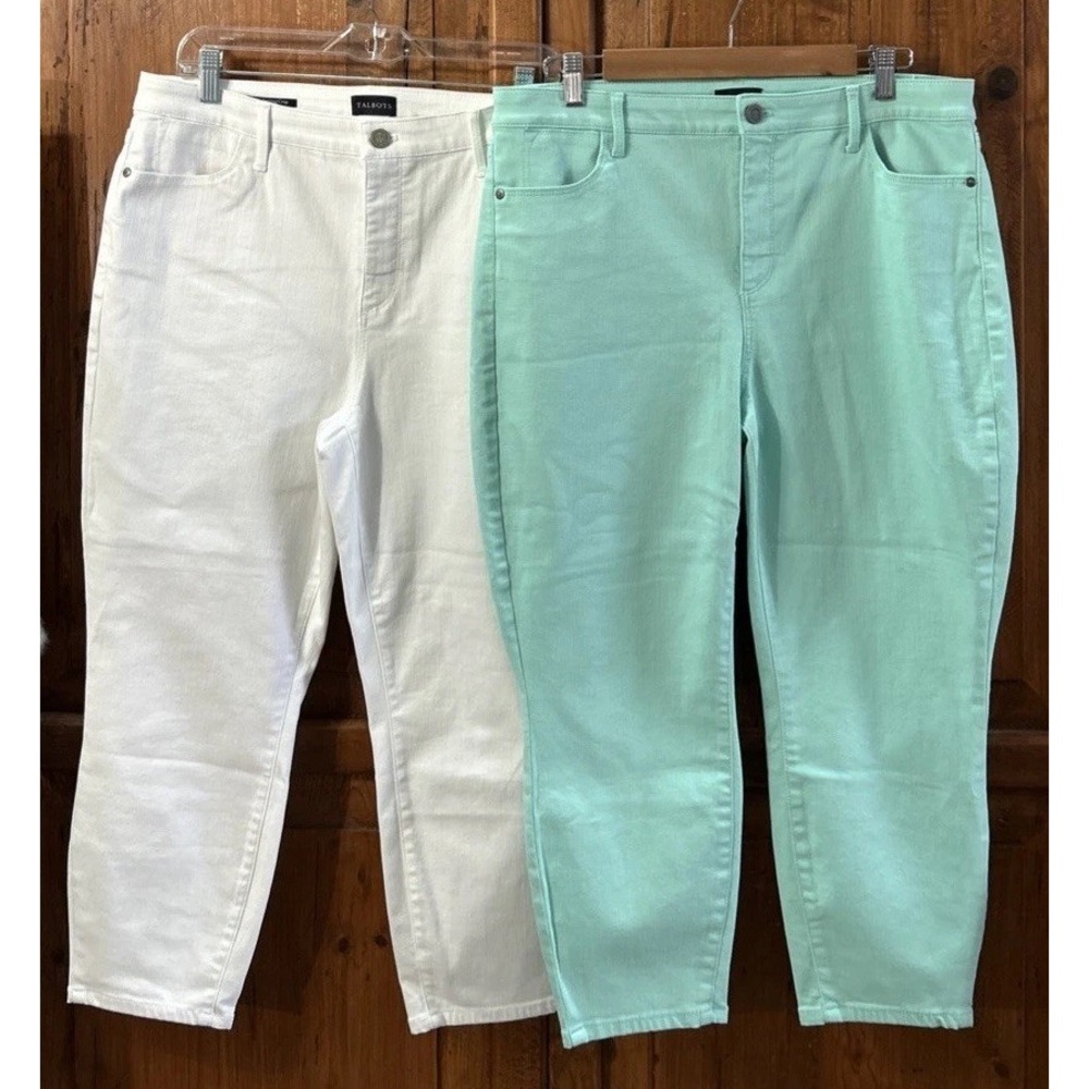 Women's Talbots Jegging Crop‎ Jeans Sz 14 P Lot Of 2 Stretch Sea Foam & White EC